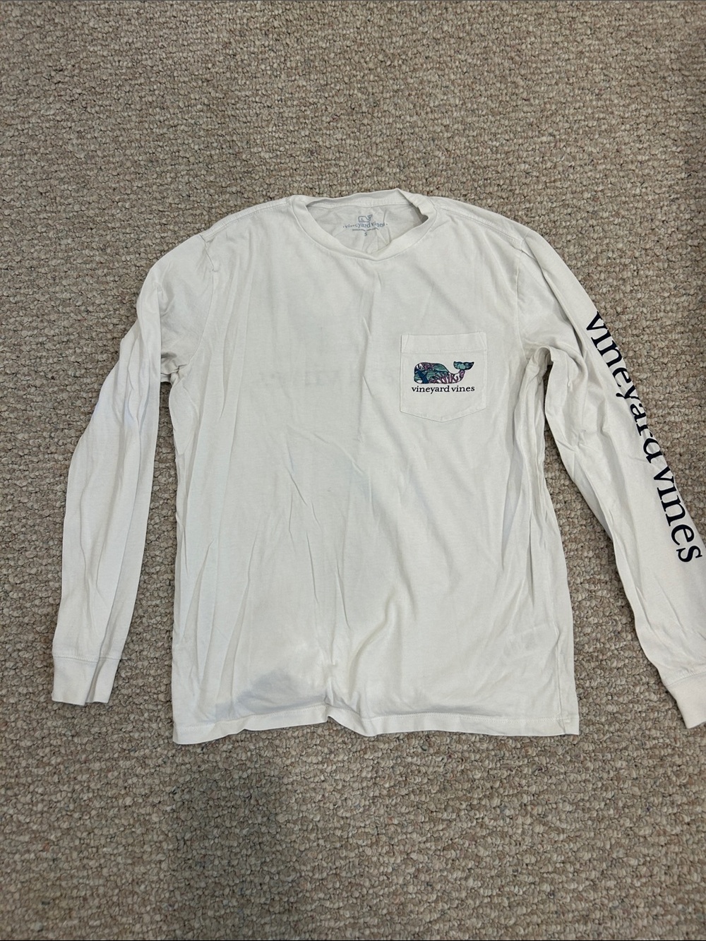 Vineyard Vines White Long-Sleeve Pocket Tee with Chest Whale and Sleeve Logo